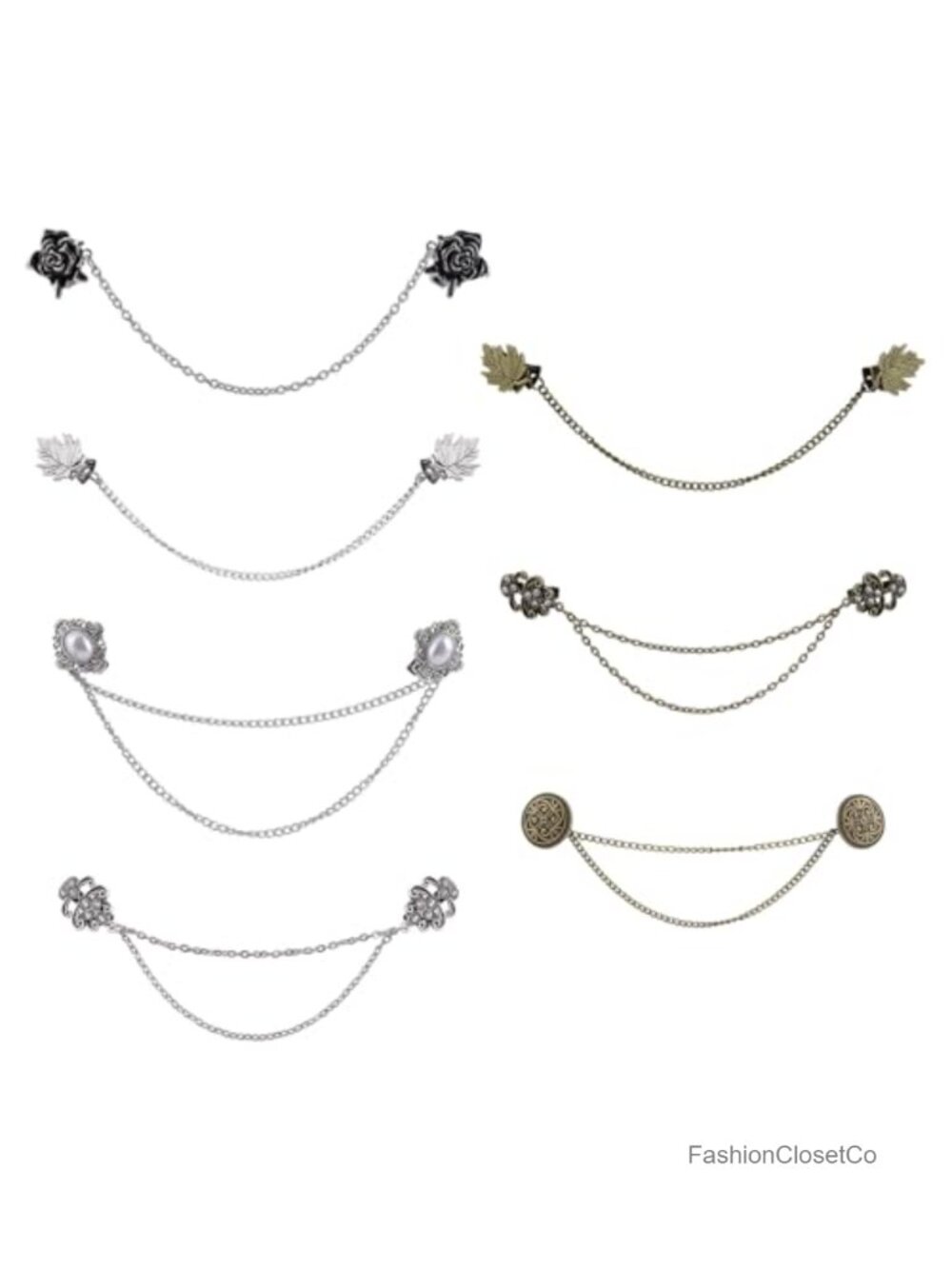 7 Pc Vintage Metal Sweater Clips Silver Flowers Chain Collar Clip Shawl Clasp